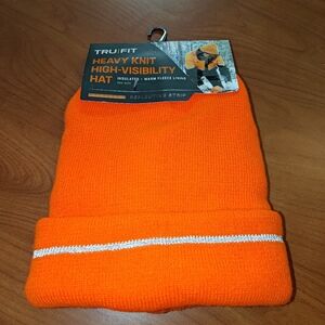 Tru Fit Men's Orange Heavy Knit High-Visibility Reflective Strip Fleece Beanie